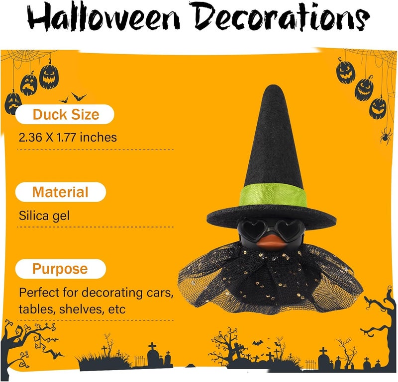 wonuu Car Dashboard Witch Black Rubber Ducks for Halloween, Decorations Duck for Office Desk Ornament Accessories with Hat Glasses Skirt, Green - Image 3
